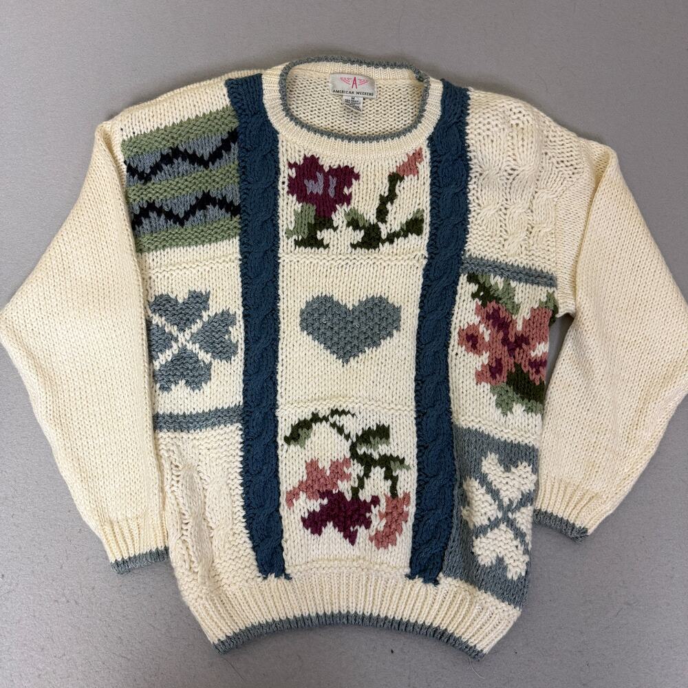 American Weekend Ramie Acrylic Floral Patchwork Cottagecore Sweater Women M